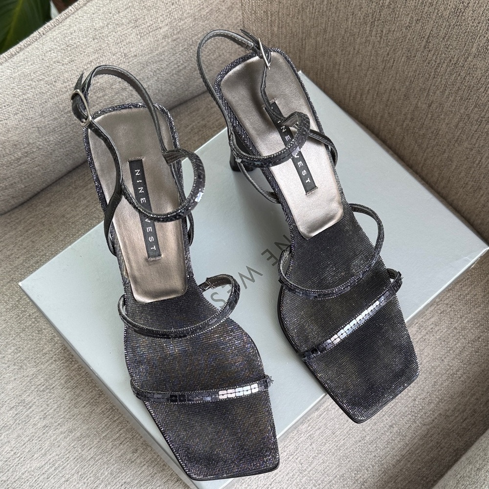 Vintage Nine West Strappy Heels Square Sequin Gun Metal Pewter Gray Black Sz 7 - Picture 3 of 17